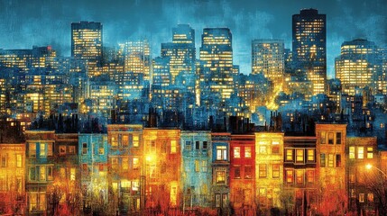 Obraz premium Vibrant cityscape at twilight shimmering urban lights painting effect textured cityscapes residential district architecture