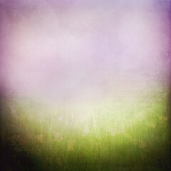 Soft dreamy landscape with lavender sky and green meadow, blended with textured grunge. Ethereal abstract background ideal for spring themes, wellness art, invitations, and creative projects.