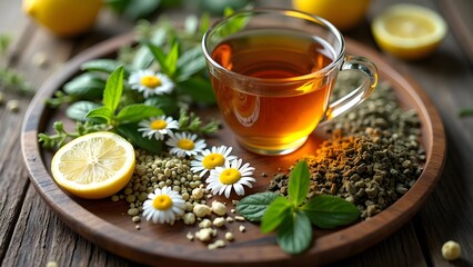 Fototapeta premium Aromatic Herbal Tea Composition with Chamomile, Lemon, and Fresh Herbs on Wooden Tray