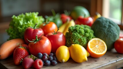 Vibrant Assortment of Garden Fresh Vegetables and Fruits Displayed on Rustic Table