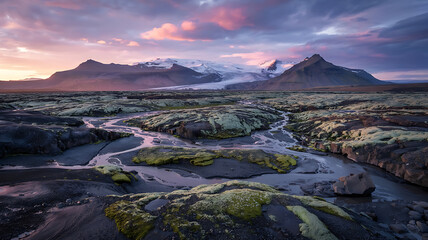 Naklejka premium Mountainous landscape, flowing water, moss-covered rocks.
