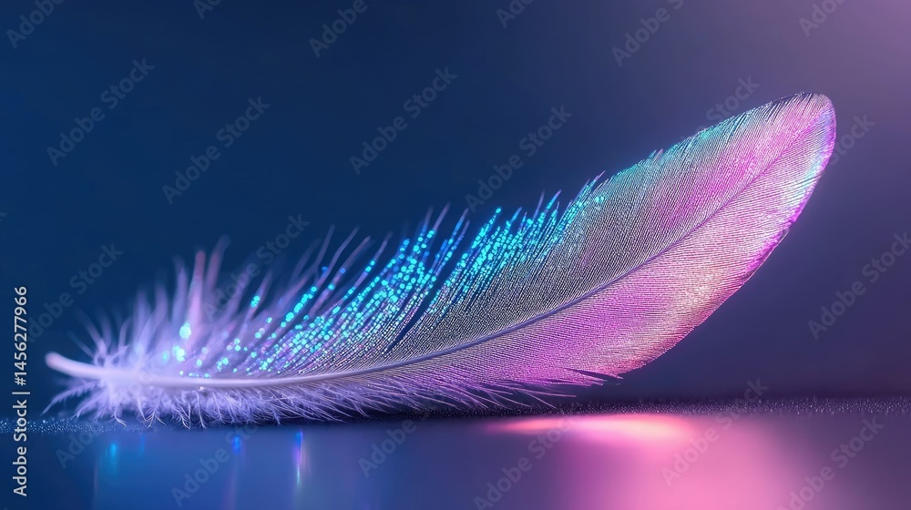 Poster a colorful single feather gracefully resting on a reflective surface