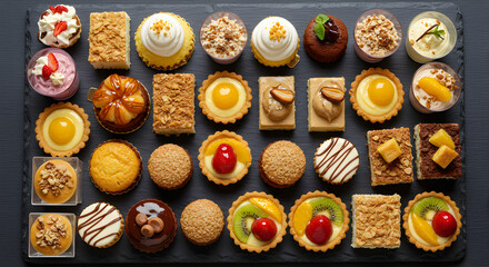 Fototapeta premium Elegant Assortment Of Miniature Desserts Displayed On A Slate Platter