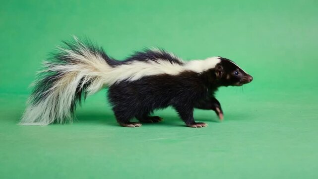 A skunk with black and white fur standing on a green background in a studio setting view side green screen video