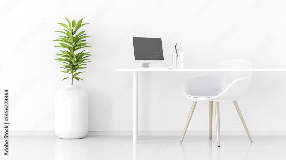 Poster Clean modern desk setting with plant and computer displayed