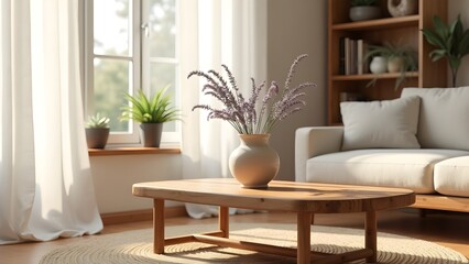 Bright and Airy Living Room with Wooden Furniture, Sofa, Plants and Lavender Bouquet, Modern Home Interior