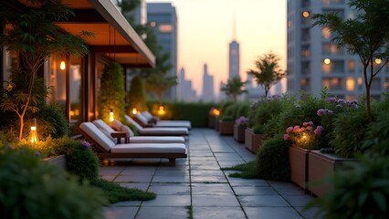 Obraz premium Stylish Rooftop Terrace with City Skyline View, Loungers, and Lush Greenery at Twilight, Offering an Urban Oasis