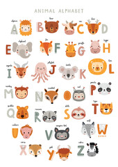 Cute Animals alphabet for kids  education. Funny hand drawn style characters. Vector illustration.