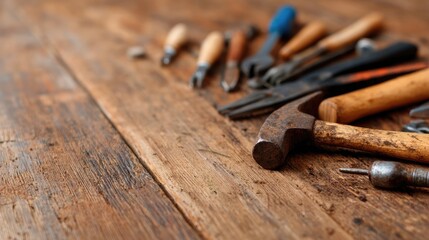Close-up of wooden surface with various hand tools scattered around.