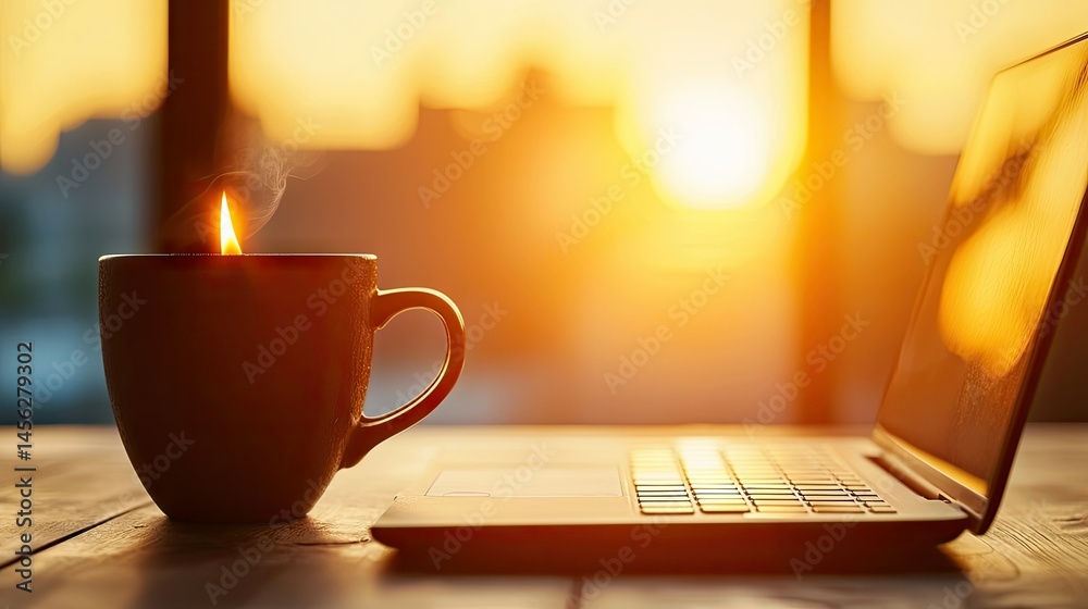 Poster a lit candle in a mug next to an open laptop computer