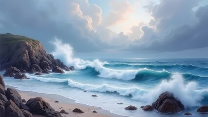 Fototapeta premium Scenic Ocean View with Waves Crashing on Rocky Shoreline under Cloudy Sky - Coastal Landscape, Tranquil Seascape