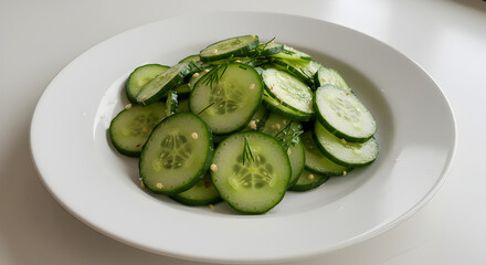 Refreshing Cucumber Salad Slices With Dill On White Plate Displayed Plainly