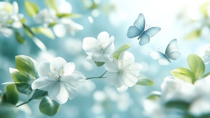 Obraz premium Delicate white blossoms and light blue butterflies in soft spring light