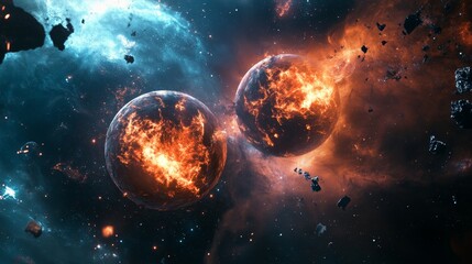 Obraz premium Realistic illustration of binary neutron stars in a dramatic cosmic setting with stellar debris