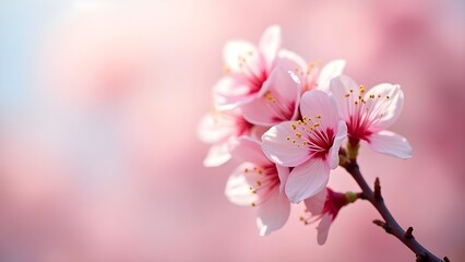 Delicate pink cherry blossoms herald the arrival of spring in this close-up floral image.
