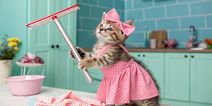 Adorable kitten, pink dress, chef hat, holding whisk, retro kitchen, teal backsplash, vintage appliances, baking scene, whimsical, anthropomorphic cat, pastel colors, nostalgic atmosphere, 1950s style