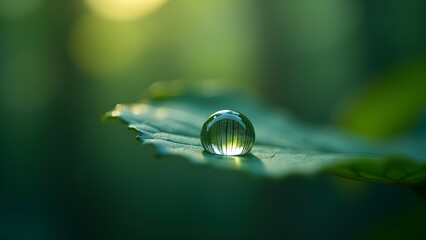 Macro shot captures a water drop on a green leaf, highlighting nature's detail and pure, tranquil beauty.