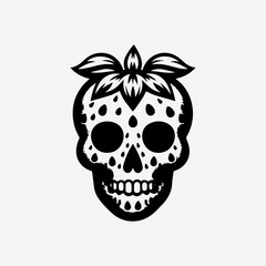 Fototapeta premium Detailed black and white skull illustration textured with strawberry seeds and decorated with stylized fruit leaves in surreal food concept 
