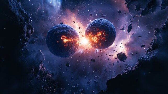 Realistic illustration of binary neutron stars and their gravitational interaction in space - Powered by Adobe