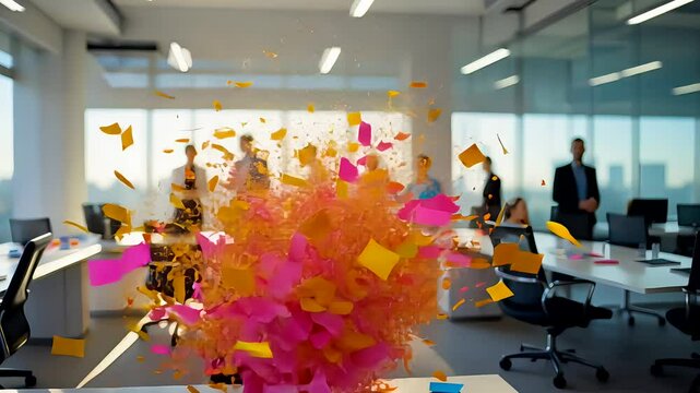 Explosion of Sticky Notes in Busy Open Office Workspace