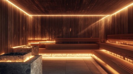 Traditional wooden Scandinavian sauna interior with tiered benches, wooden walls, and a stone heater glowing with warm light