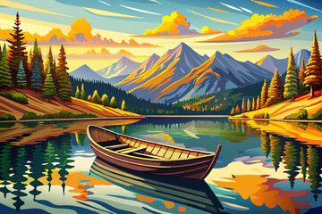 wooden canoe resting by the edge of a calm lake, reflecting pristine mountain peaks and lush pine forests under peaceful natural light vector. Ideal for outdoor adventure, travel, nature serenity