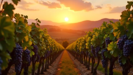 Naklejka premium Picturesque Vineyard Landscape at Sunset with Rows of Grapevines in a Wine Region
