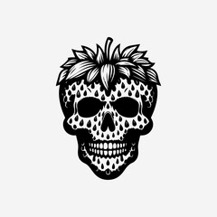 Fototapeta premium Ornate monochrome skull textured with strawberry seeds and topped with leaves in surreal food-themed illustration 