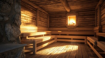 Traditional wooden Scandinavian sauna interior with tiered benches, wooden walls, and a stone heater glowing with warm light