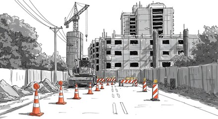 black and white minimalist sketch, construction site with orange cones on road, created with subject at top, copy space at bottom. ,isolated on bright background, no text, ultra sharp detailed