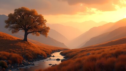 Peaceful Mountain Valley Landscape with Golden Tree, Stream, and Warm Light at Sunrise