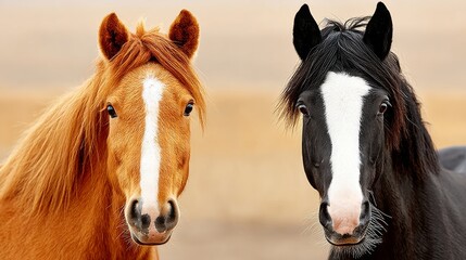 Fototapeta premium Two beautiful horses, one chestnut and one black, standing side by side