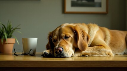 Golden Retriever Napping On Office Desk