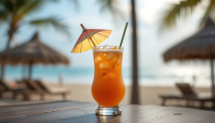 Beach Cocktail with Umbrella and Straw on a Table