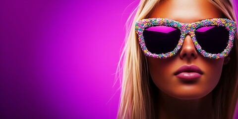 Colorful Candy Sunglasses on Glamorous Woman – Vibrant Pop Art Style for Fashion, Beauty, and Marketing Campaigns.