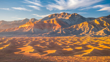 Golden desert dunes, mountains in the background.