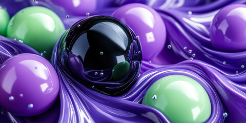 Purple and green blob with a black ball in the middle. There are many purple and green balls surrounding the black ball