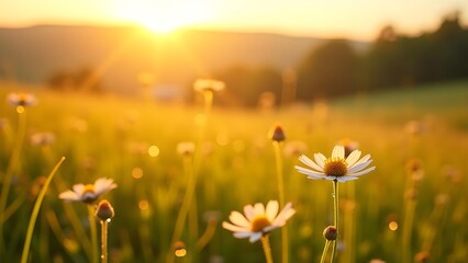 Fototapeta premium Golden Meadow: Daisies Bathed in Warm Sunlight at Dusk 