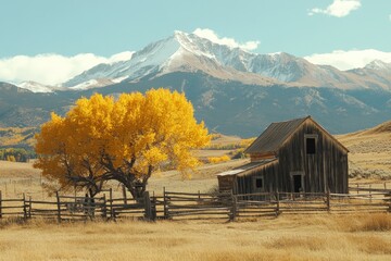 Autumnal barn against mountain backdrop