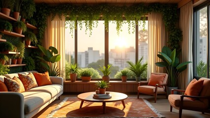 Fototapeta premium Sunlit Apartment Interior with Plants and City View, Cozy Home Decor, Wooden Accents, and Neutral Tones