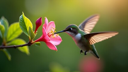 Fototapeta premium Hummingbird Feeding on Pink Flower Nectar in Garden, Graceful Flight, Wildlife, Nature Close-Up