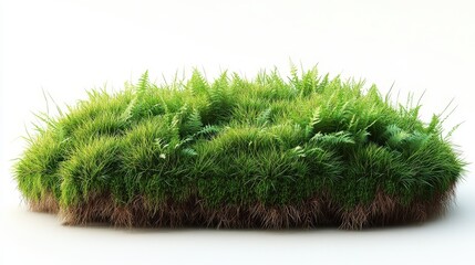 Lush patch of vibrant green grass and ferns on soil against a white backdrop