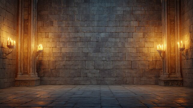 An empty room with stone walls and pillars illuminated by sconces.