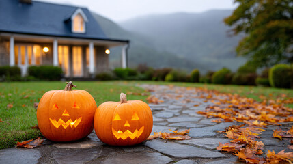 Two glowing jack o lanterns sit on a stone path leading up to a house du Halloween night.