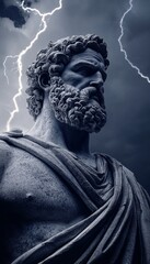 Obraz premium Ancient statue fragment of zeus showcasing divine majesty and lightning energy around him