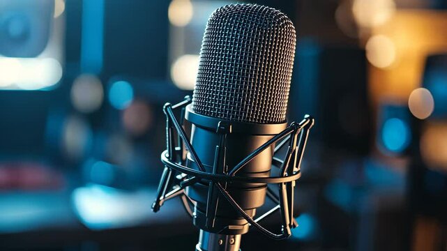 A professional streaming microphone displayed on a clean desk with subtle branding. digital