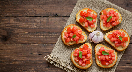 Authentic Bruschetta Bread Topped With Fresh Tomato And Basil On Wooden Surface