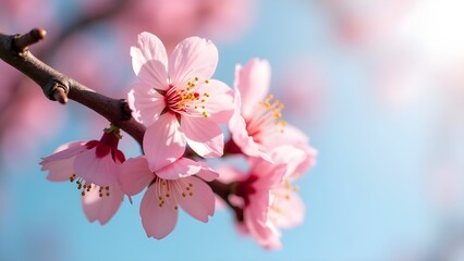 Naklejka premium Delicate Pink Blossoms on a Branch Against a Soft Blue Sky in the Spring Season