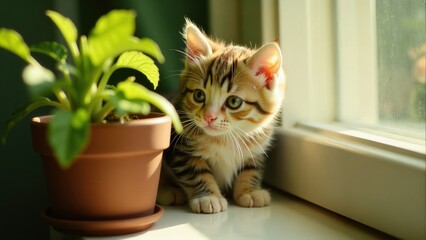 Cute Kitten Near Plant On Window Sill