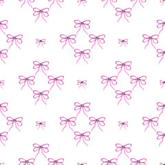 Seamless pattern on diamond mesh with various pink gift bows hand painted. Fashion hair braiding accessory. Cotton fabric pattern for sewing, patchwork, printed fabric, textile fabrics